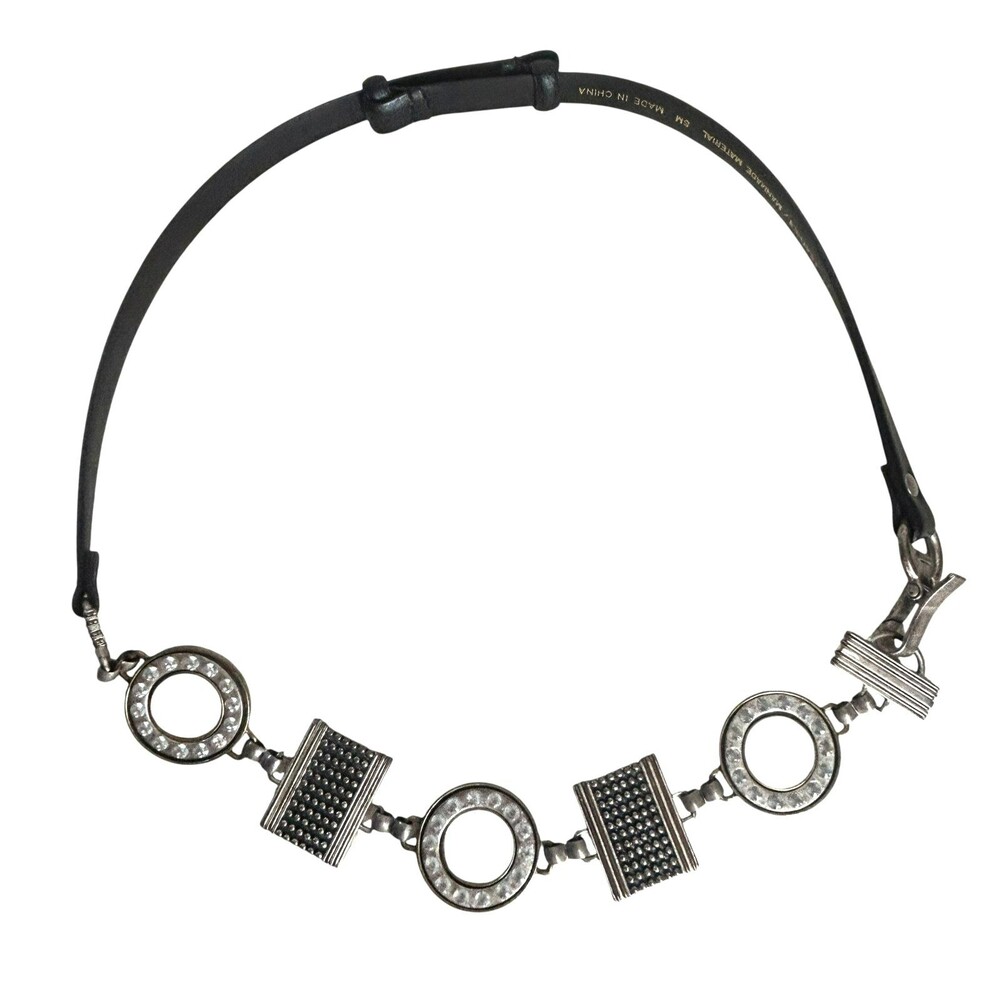Chicos S/M Silver Gold Metal Chain Belt Art Deco Rhinestones Black Leather